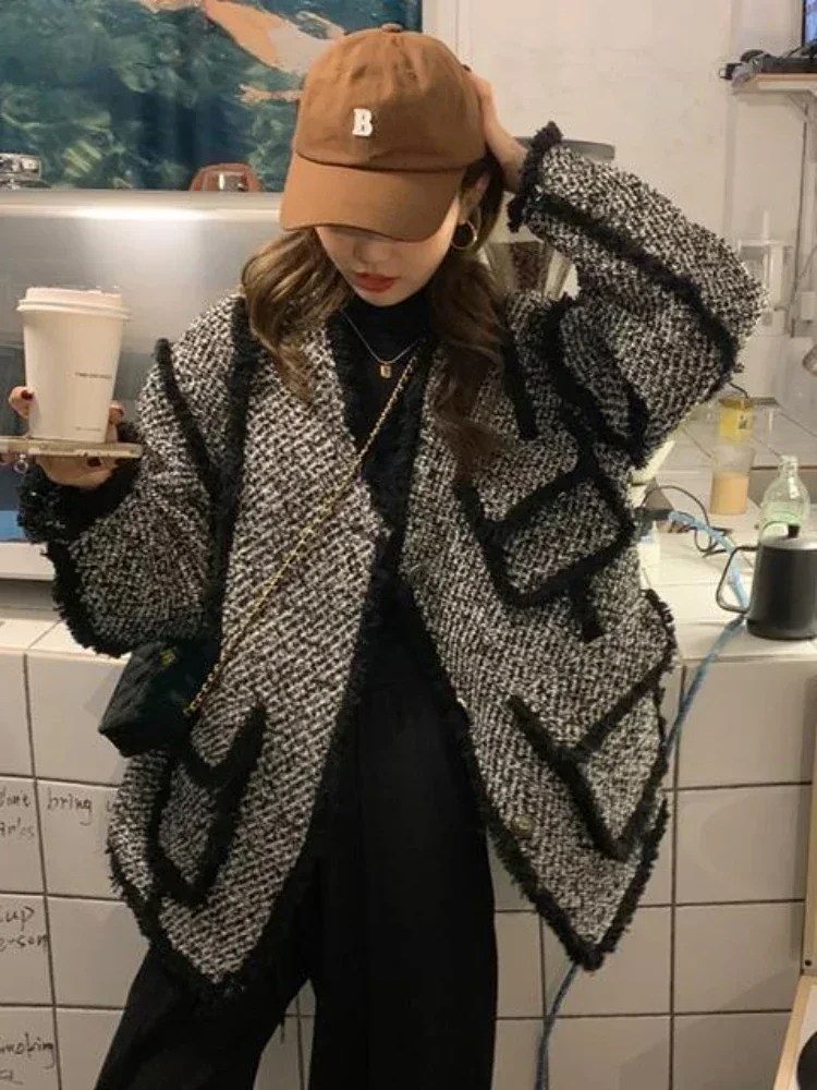 Mulher jaqueta vintage preto rasgado com decote em v casaco ponto casual escritório senhoras elegante chique casacos temperamento moda outono outfits