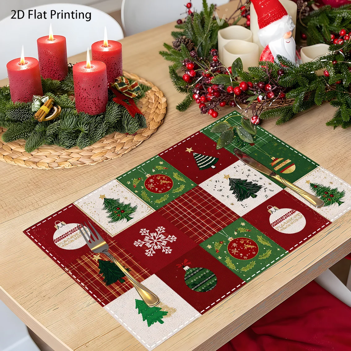VIKAMA Christmas Placemats Set of 4 Red Green Patchwork Quilted Square Mats, Washable Heat Resistant Farmhouse Decor