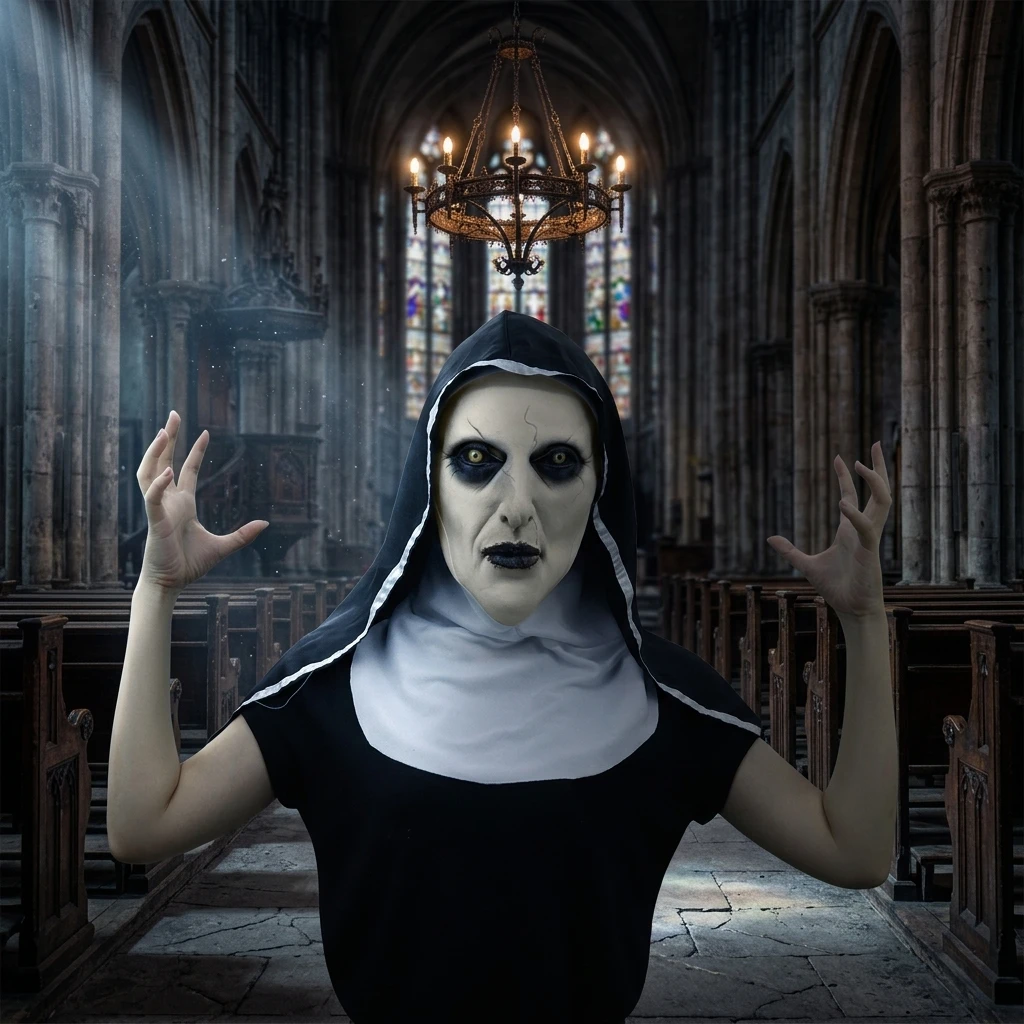 Halloween Scary Nun Mask Latex Full Head with Headscarf Veil Cosplay Costume Prop Adult Unisex Halloween Party Masquerade Dress Up view 3