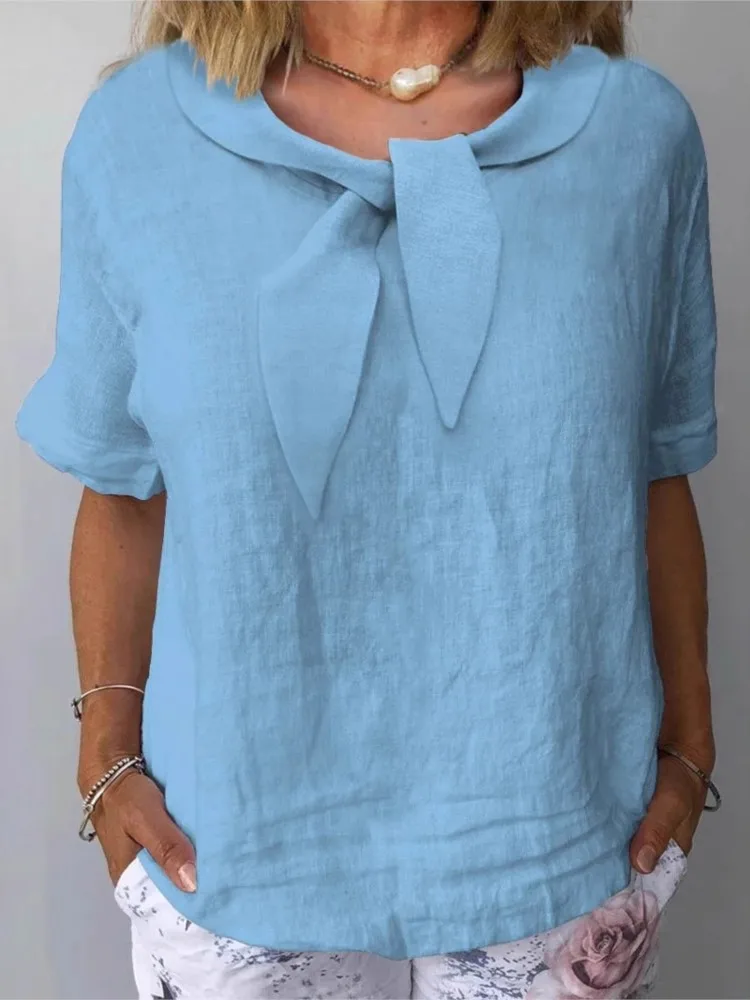 

Summer Casual Cotton Linen Solid Color Loose Shirt Tops Women's Fashion Lapel Short-sleeved White Tops Office Ladies Elegant Top