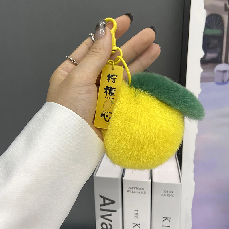 New Lemon Keychain Accessories 100% Natural Rex Rabbit Hair Pendants Ladies Plush Bag Pendants Men\'s Cars Cute Wome Key Holder