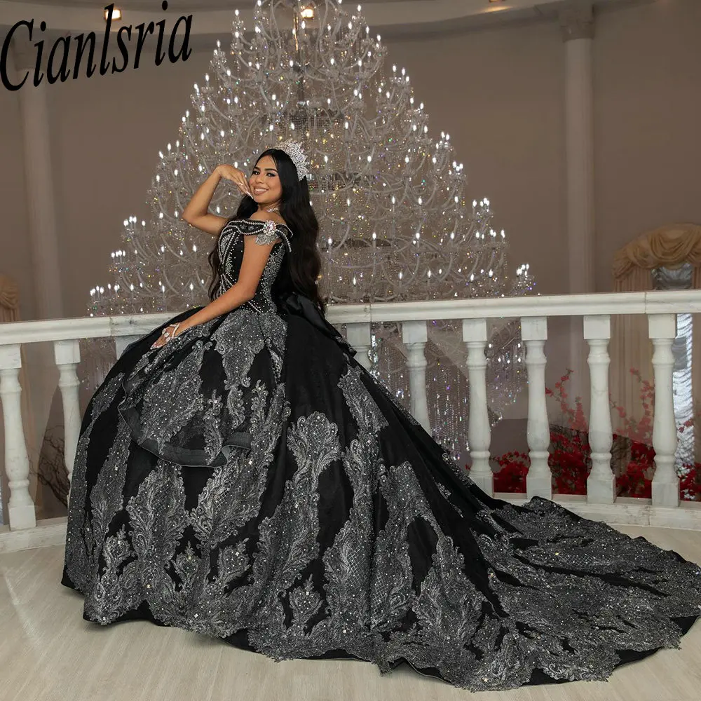 Vestido De quinceañera mexicana con cuentas De cristal, vestido De baile, Apliques De encaje, corsé, negro, fuera del hombro, XV Anos