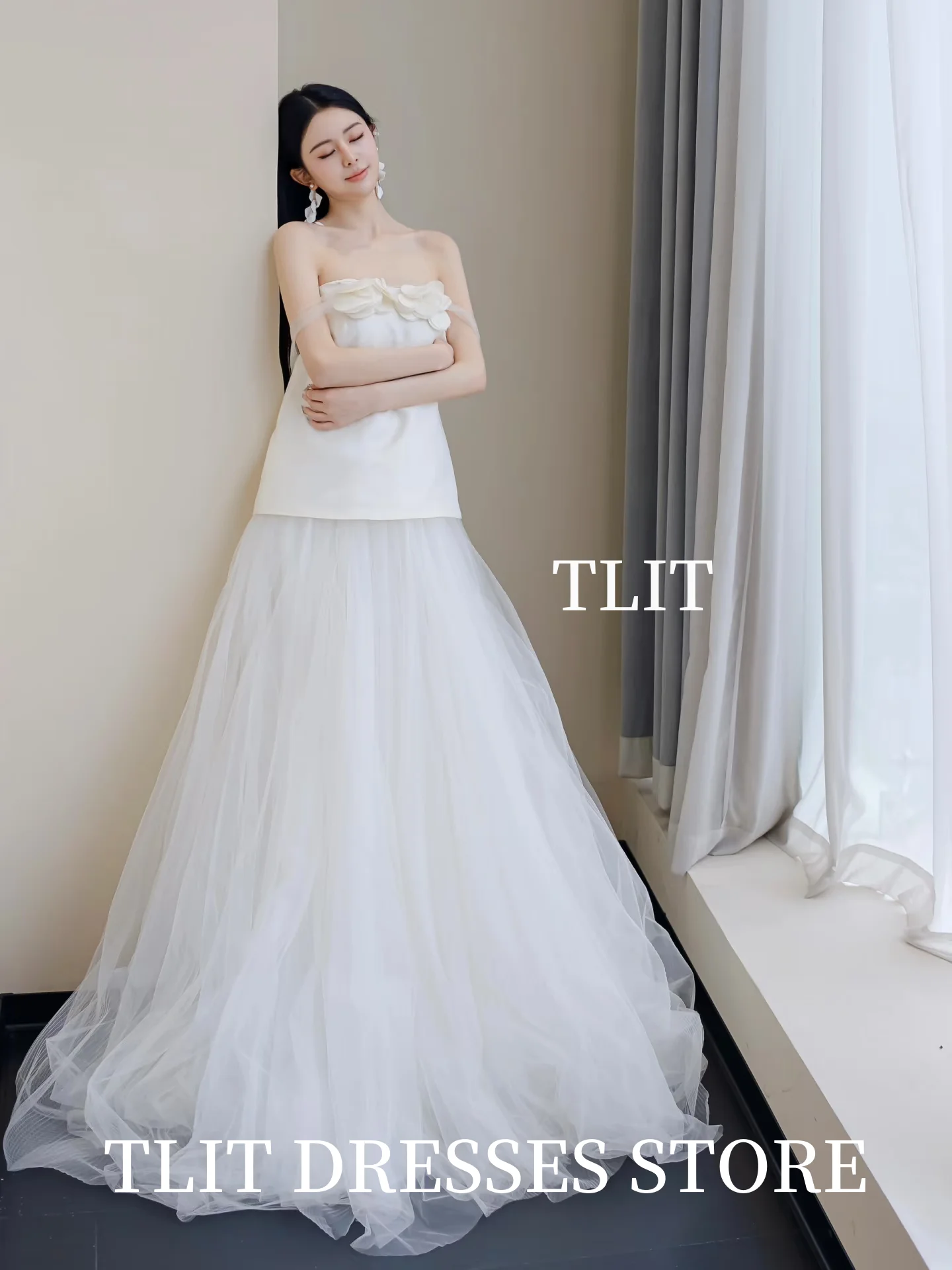TLIT Элегантное атласное свадебное платье из тюля без бретелек 웨딩드레스 Платья с аппликациями и цветами Корейское свадебное платье Фотосессия по индивидуальному заказу