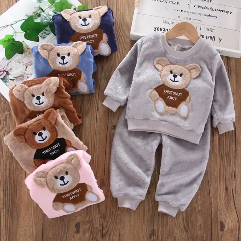 

New Winter Baby Girls Boys Homewear Sets Autumn Fashion Flannel Fleece Clothes Kids Cartoon Bear Sleepwear Children Pajamas