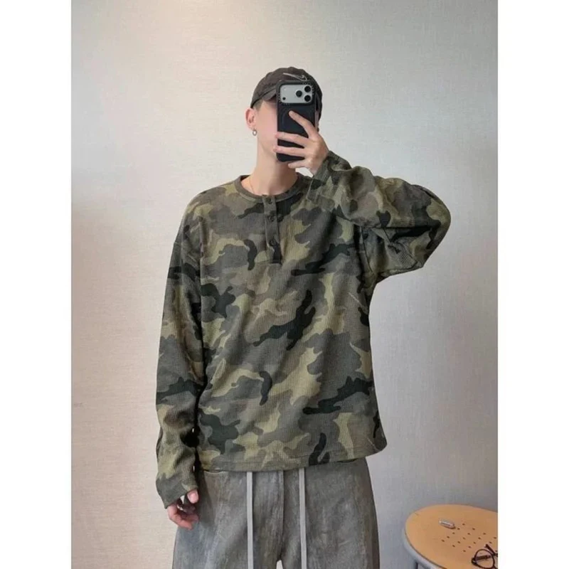 2026 Plus Size Men American Henry Collar Camo Long Sleeve Tshirt Autumn New Casual Inner Wear Camouflage Basic Tee Loose Fit Top