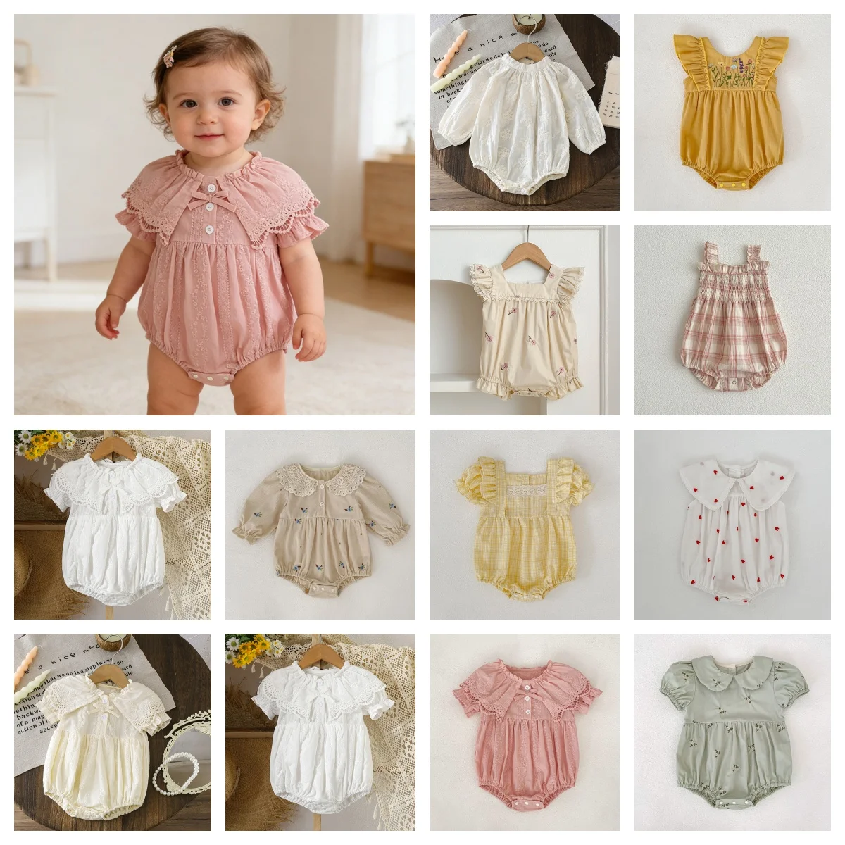 

Комбинезон для новорожденных девочек в стиле принцессы, летний, с цветочной вышивкой, с коротким рукавом, полноразмерный, для ползания, комплект одежды для малышей