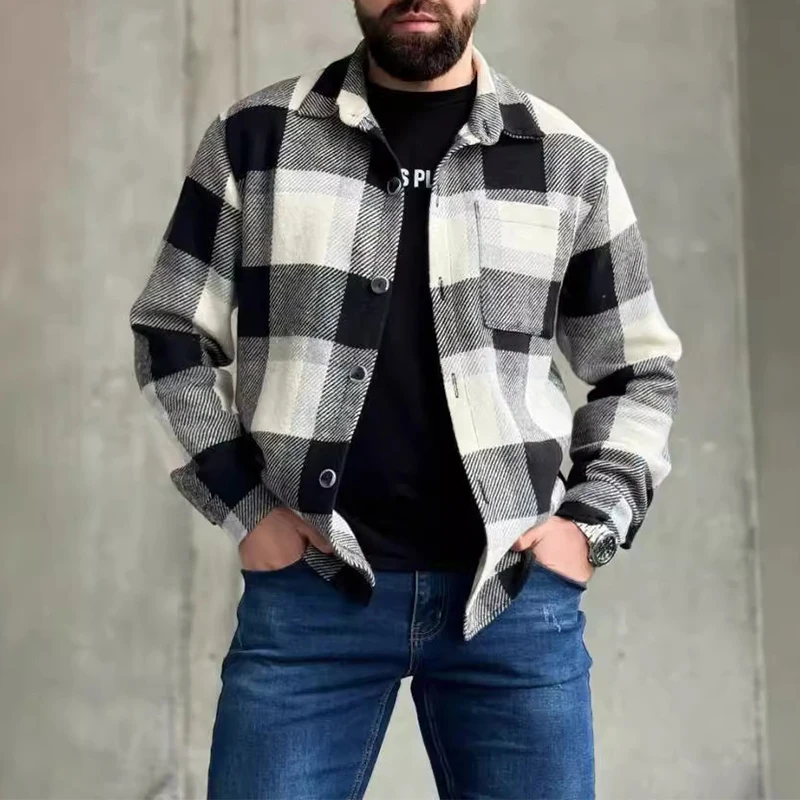 Autumn Fashionable Woolen Plaid Shirts Mens Casual Turn-down Collar Buttoned Long Sleeve Cardigans Men Vintage Woolen Shirt Tops