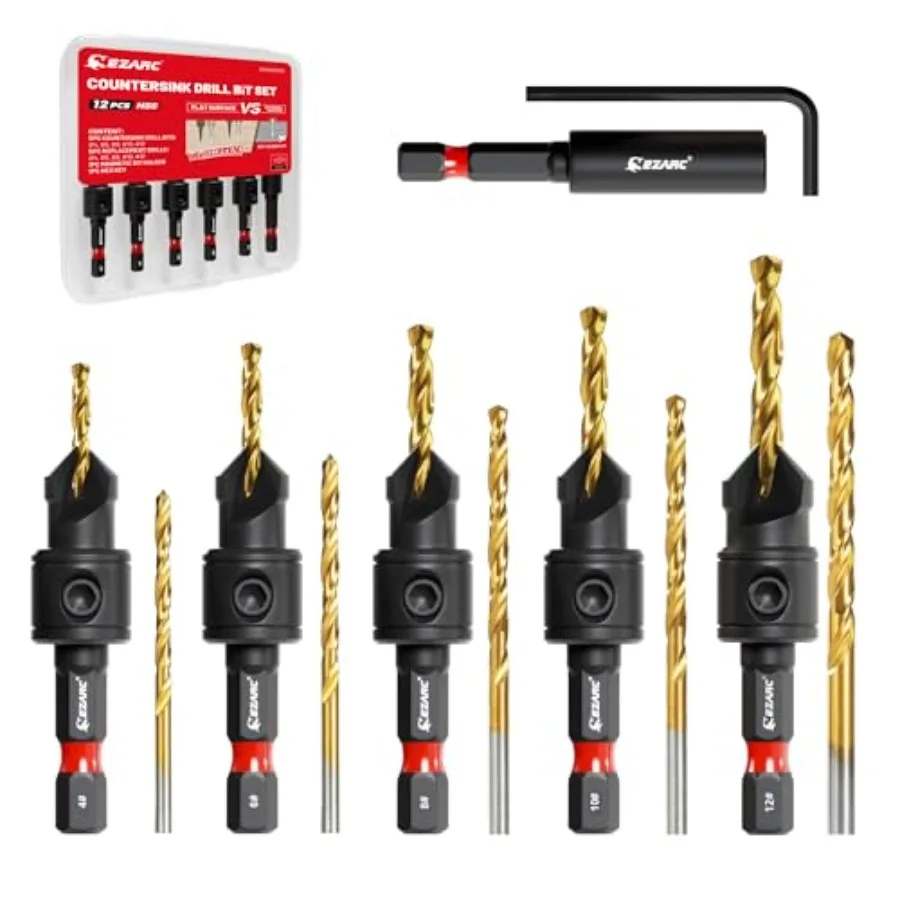 

Countersink Drill Bit Set, 12 PCS Counter Sink Drill Bit Adjustable, #4, #6, #8, #10, #12, Magnetic Extension bit Holder for Wo