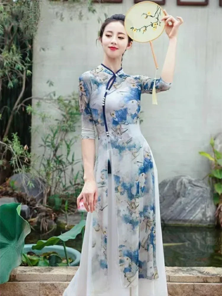 สไตล์จีนคลาสสิกเต้นรํา Cheongsam Elegant Elastic Top Dance Gauze ฝึกชาติพันธุ์ประสิทธิภาพ 3 ชิ้น