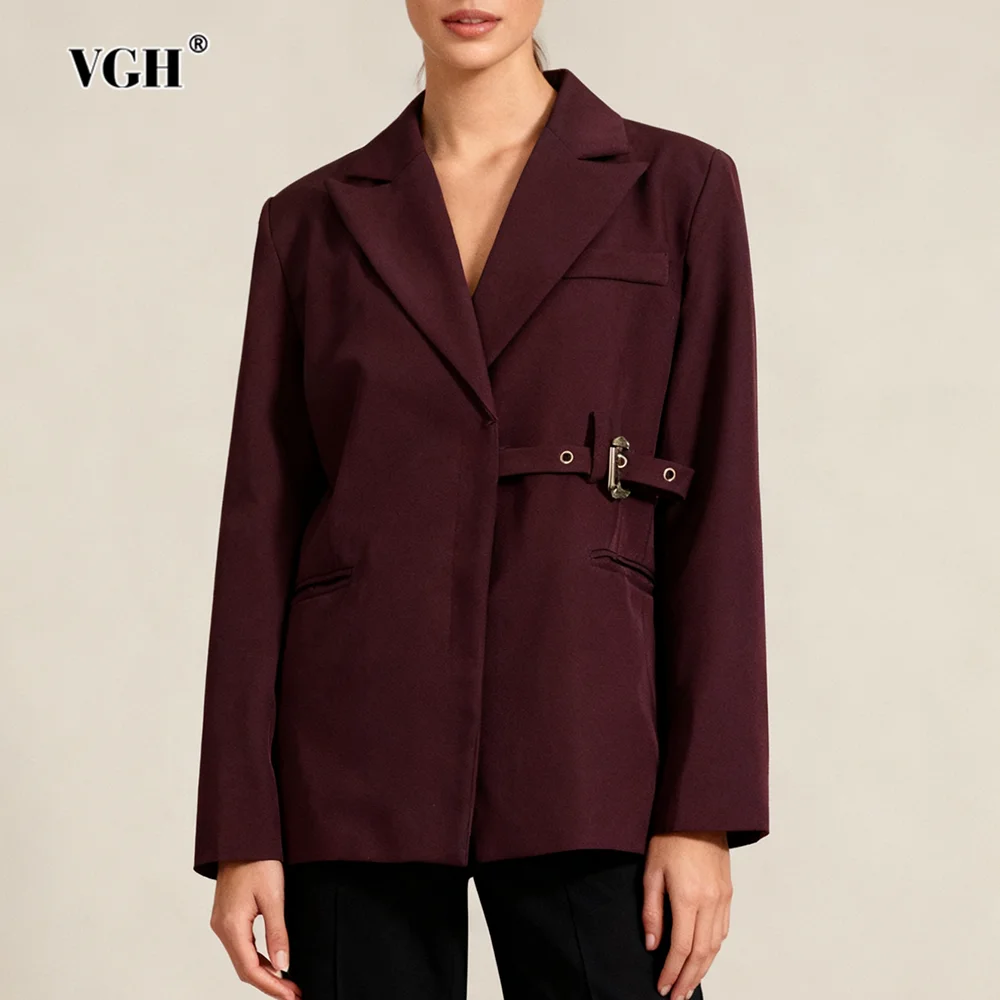 

VGH бордовый винтажный блейзер на шнуровке для женщин с зубчатым воротником на плечах и длинными рукавами, свободная формальная элегантная женская куртка