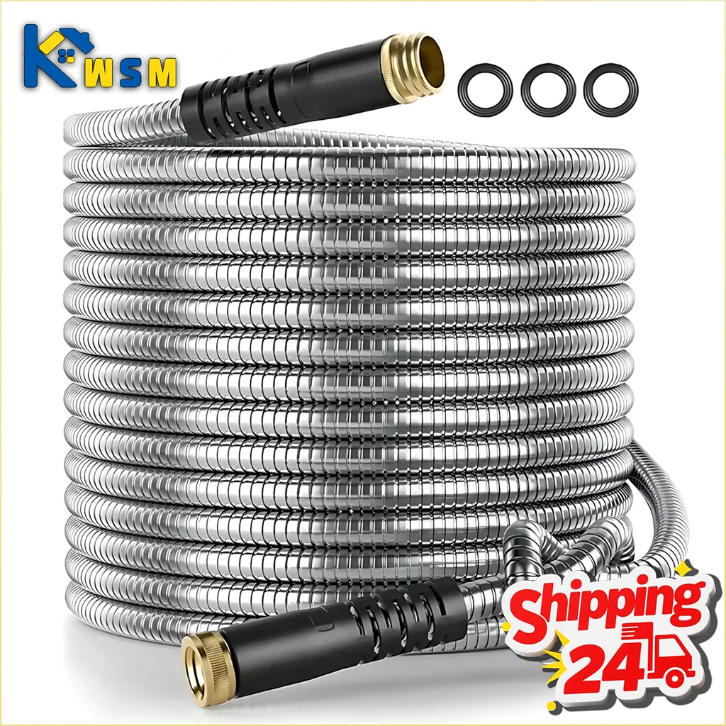 25-75ft Stainless Steel Garden Hose Metal Water Hose Patio Outdoor RV Car Wash Hose Watering Gun Hose Gardening Accessories