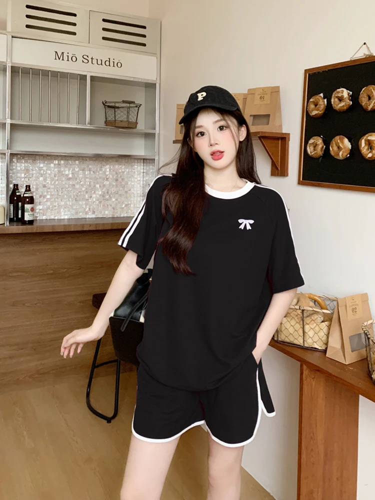 여름 스포츠웨어 세트 여성용 신상 슬림핏 루즈핏 운동복 캐주얼 투피스 세트 젊은 여성용 폴리에스터 원단