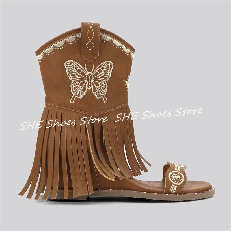 

Fashion Tassel Embroidery One-strap High Top Women Sandals Peep Toe Wedges Western Cowboys Boots Ladies Summer Cool Boots