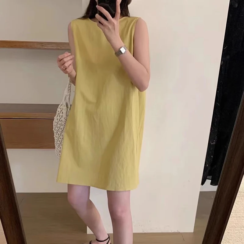 Korean Fashion Sexy Hollow Sleeveless Simple Casual Dresses for Women 2024 Summer Vacation Solid O Neck Loose Beach Mini Dress