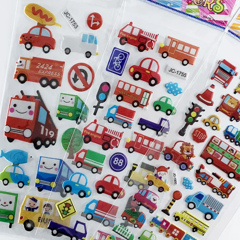 8 Sheets/Set Traffic Car Stickers  For Kids Boys 3D Puffy Bubble Scrapbook Cartoon Stickers Laptop Notebook DIY Toys