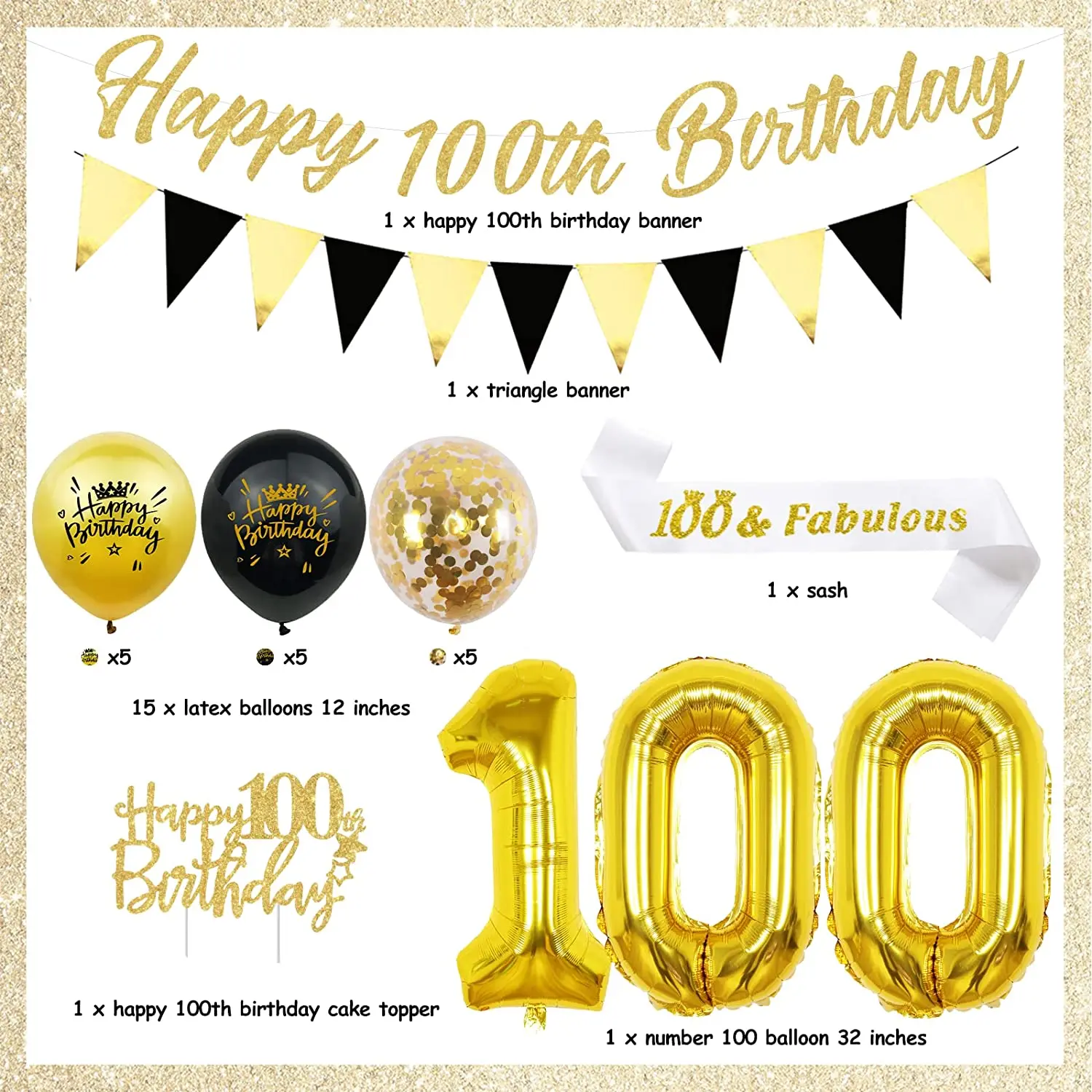 JOYMEMO Black Gold 100th Birthday Party Decorations Number 100 Foil Balloons Happy 100th Birthday Banner 100th Birthday Supplies