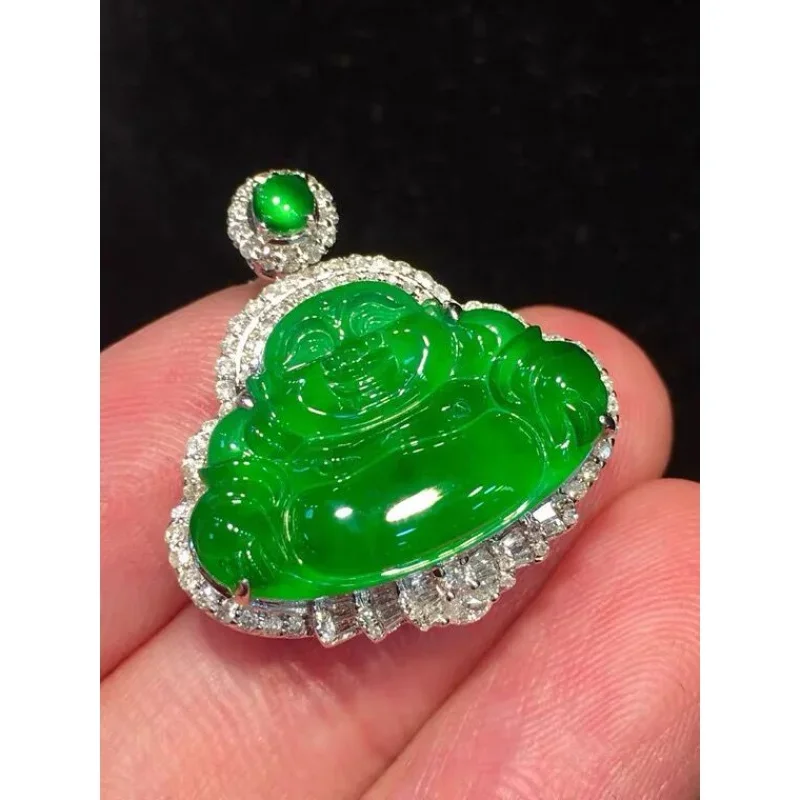 Ice-Like Sun Green Buddha pingente, ouro 18k, água jade embutidos, delicado e completo