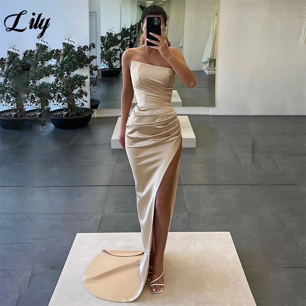 Lily Strapless Orange Prom Dresses Sexy Side Split Wedding Darty Dress Stain Mermaid Evening Dress Sleeveless вечернее платье