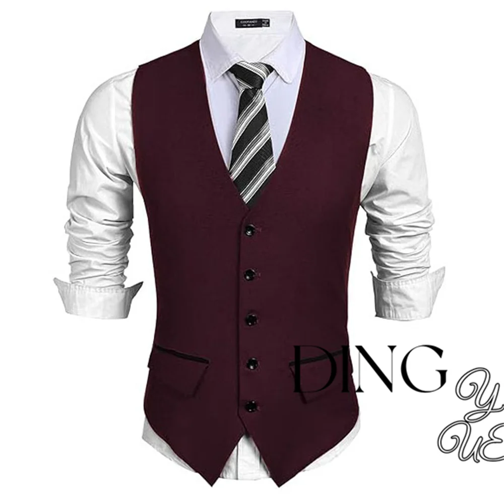 Burgundy Men\'s Business Suit Vest Single-breasted Sleeveless Jacket Wedding Banquet Business Casual Slim  Fit Waistcoat Dress