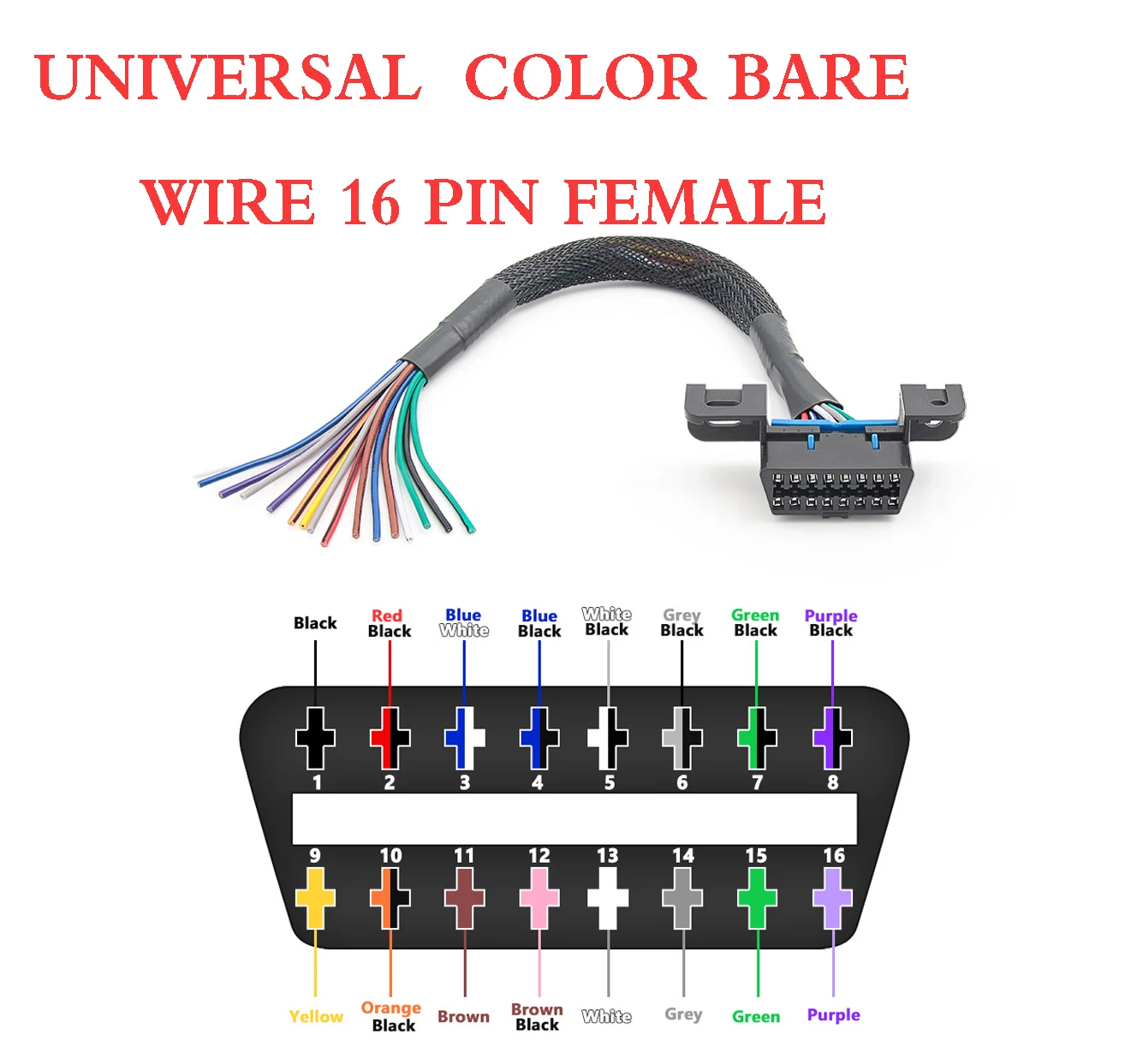 

OBD2 Connector to Color Bare Wire 16 Pin Female OBDII Opening Cable 30cm Universal DIY Extension Cable Car Diagnostic Interfac