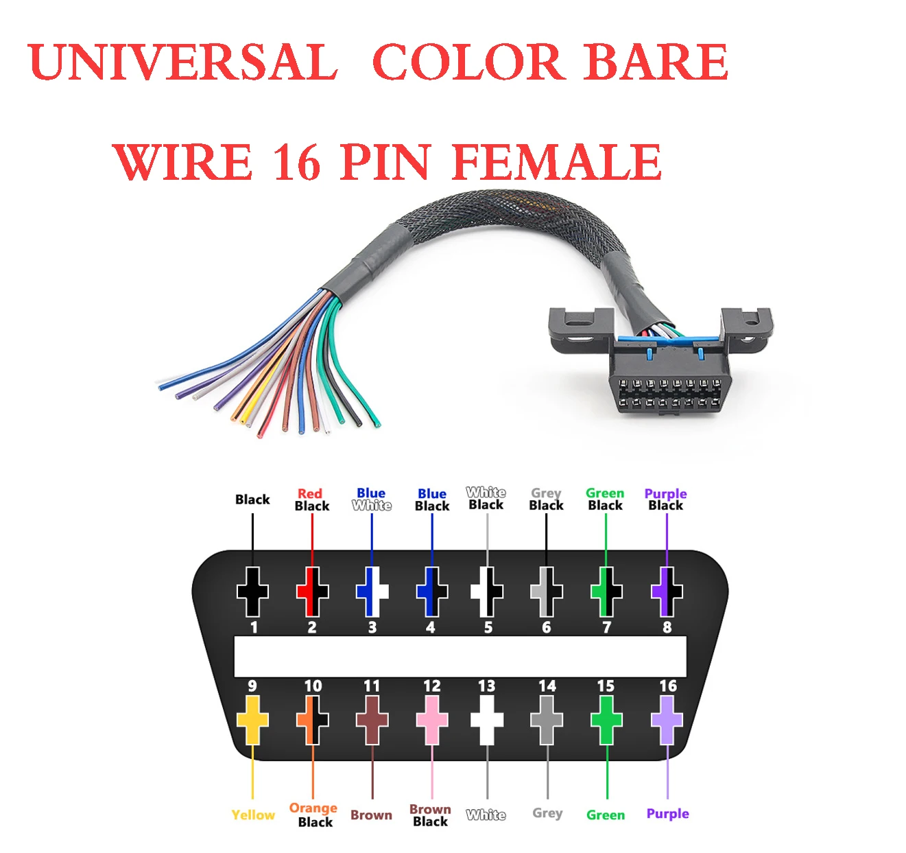 OBD2  Connector to Color Bare Wire 16 Pin Female OBDII Opening Cable 30cm Universal  DIY Extension Cable Car Diagnostic Interfac