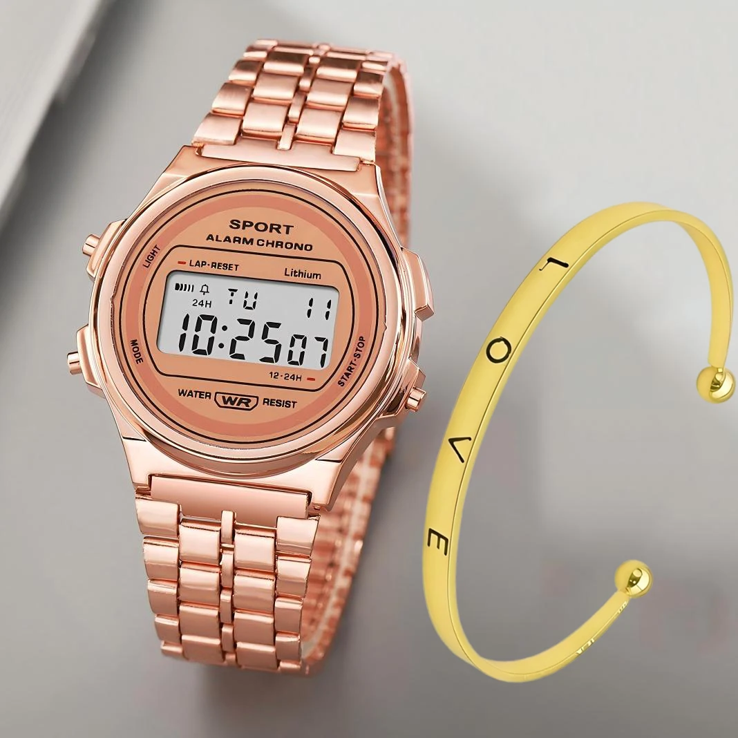 Luxury Women Watches Non-Waterproof LED Electronic Wristwatch Multi-Functional Steel Band Business Sports Clock for Men Female