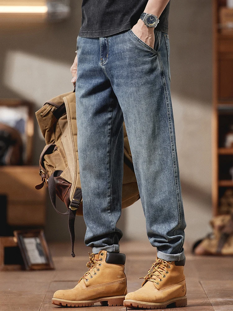 

Мужские джинсы в американском ретро-стиле, весенняя новинка, свободный крой, большие размеры, прямые штанины, длинные брюки, модный бренд, смесь хлопка и полиэстера