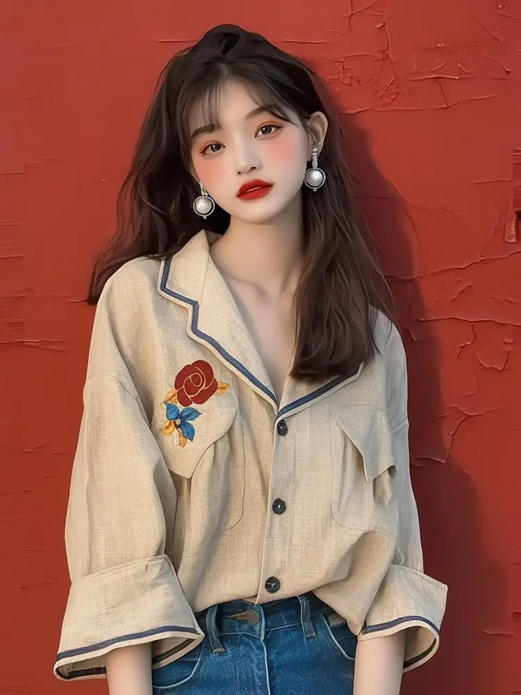 

2025 Summer New Blouses Notched Collar Three Quarter Sleeve Print Pockets Shirts French Vintage Tops All Match Women's Clothing