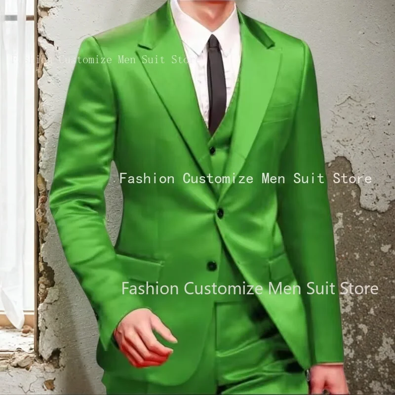 

3-х предметный приталенный атласный мужской костюм 2025 Формальный выпускной жениха Свадебная вечеринка Смокинг Однобортный мужской модный пиджак Жилет с брюками