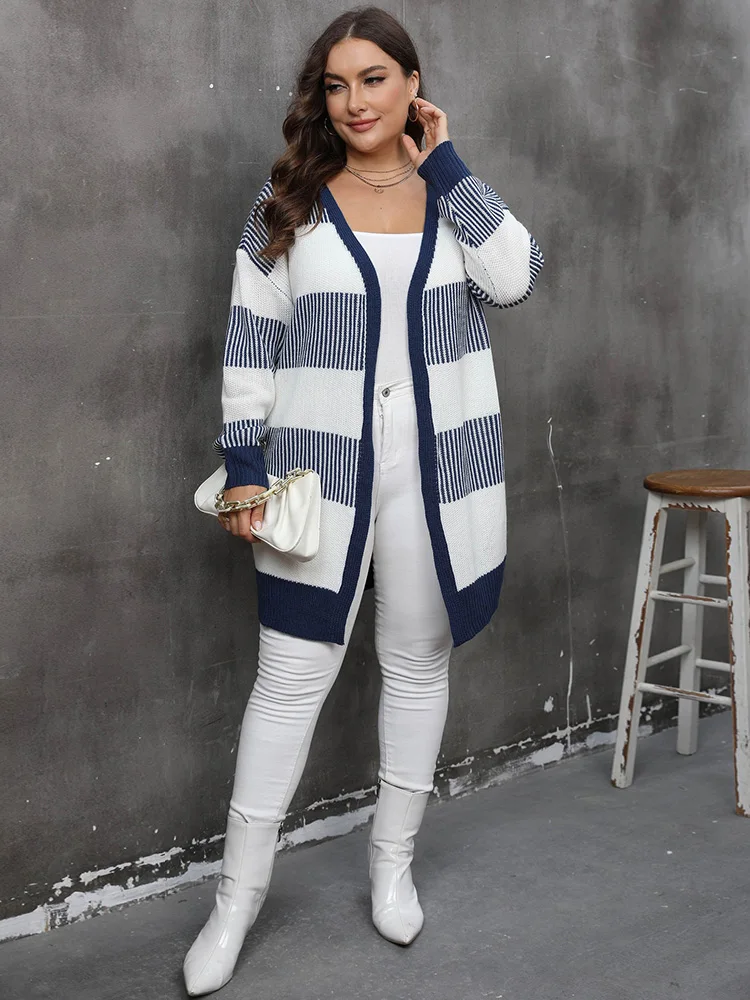 GIBSIE Plus Size Women\'s Cardigan Contrasting Color Striped Open Front Knitted Sweater Fall Winter Casual Long Cardigan Coat