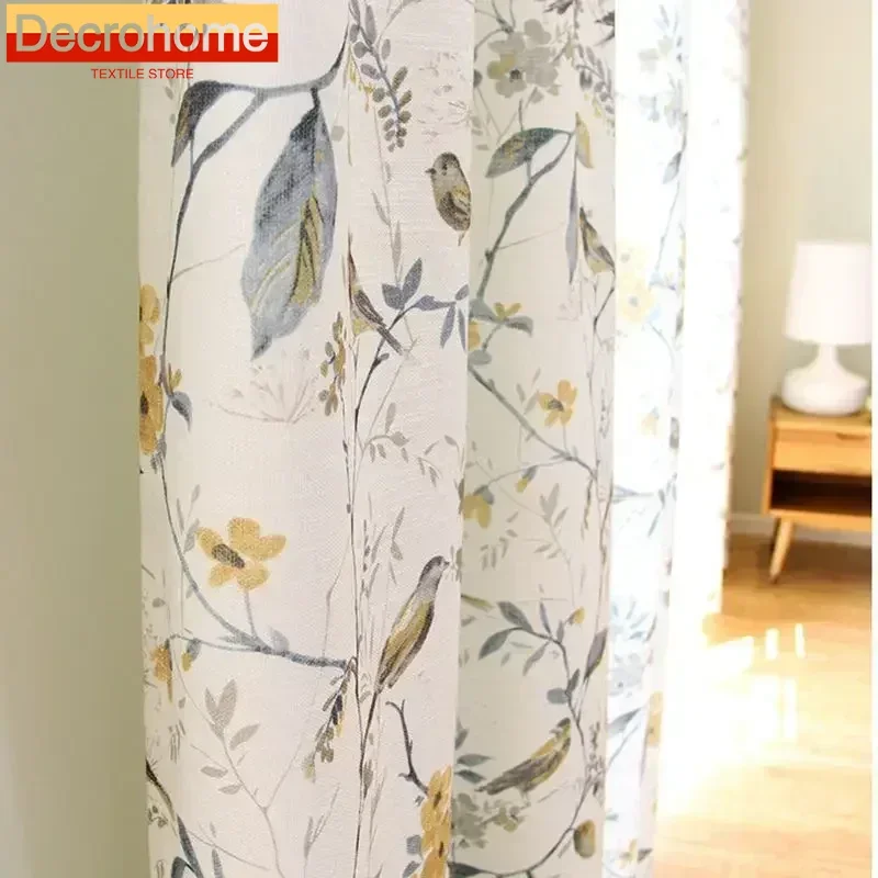 Zasłony Półprzepuszczające Światło z Nadrukiem Ptaków w Stylu Pastoralnym do Salonu, Jadalni, Sypialni, Wysokiej Jakości, Możliwość Personalizacji