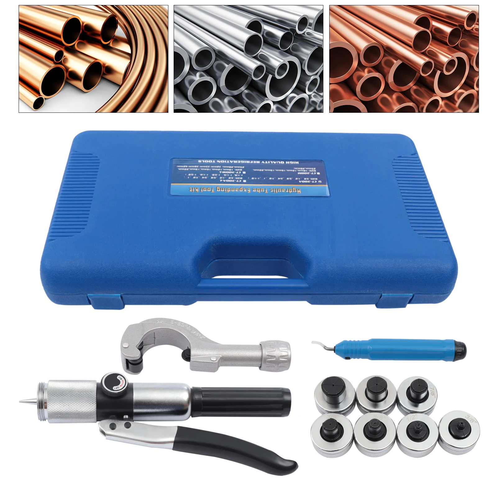 

CT-300 Hydraulic Tube Expander with Tube Cutter and Deburring Tool 7 Lever Swaging Tool Kit 3/8 to 1-1/8inch
