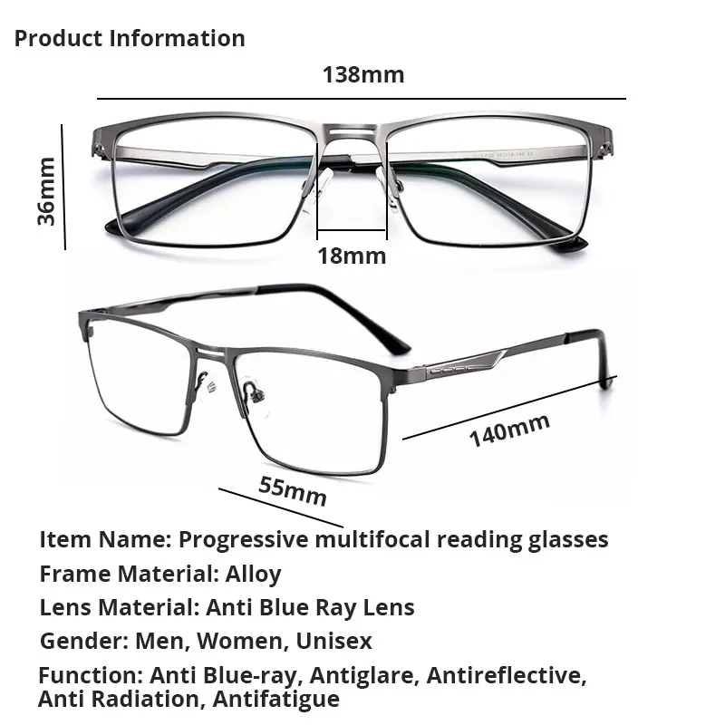 Lunettes de lecture multifocales progressives pour hommes et femmes, Anti-rayons bleus, pour ordinateur, travail, monture métallique carrée