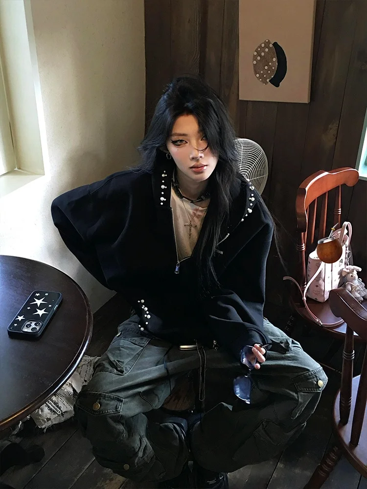 

Heavyweight Pearl Embellied Embroidery Hoodie Women's Autumn Winter Trendy American High Street Open Cardigan Jaet for Co...