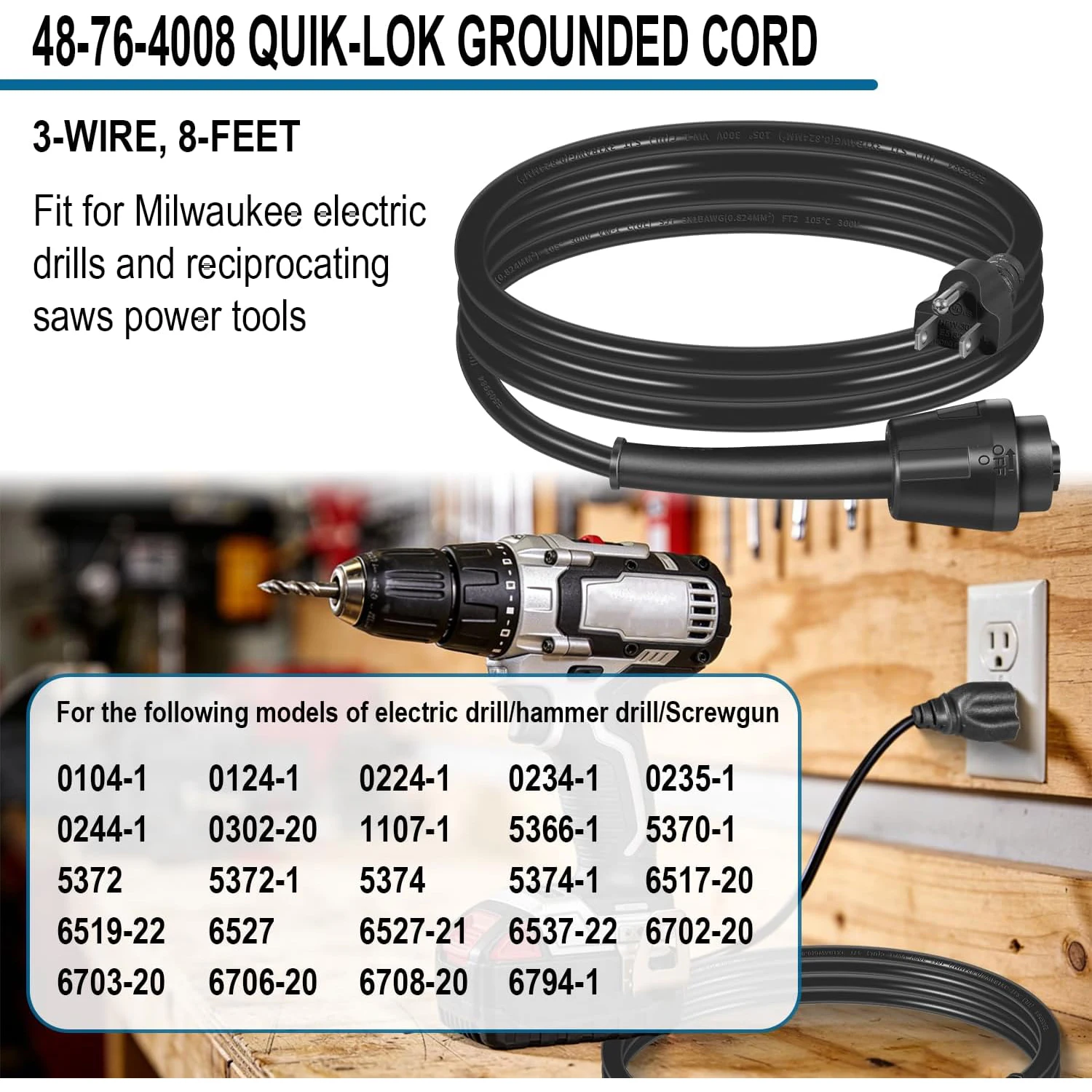 ANX 48-76-4008 8FT Quick-Lok-Kabel für Milwaukee-Bohrmaschinen und Sägen, 18AWG 125V 10A NEMA5-15P geerdetes Hochleistungskabel – Detail 4