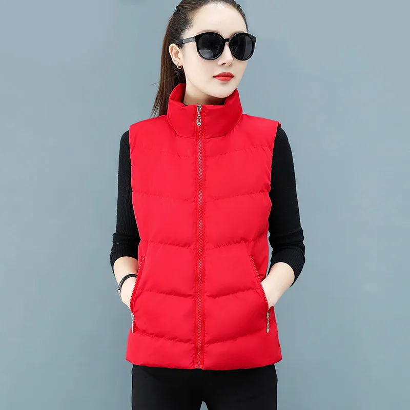 New Autumn Winter Thick Down Cotton Vest Women'S Fashion Versatile Stand Up Collar Warm And Loose Casual Sleeveless Coat Lady