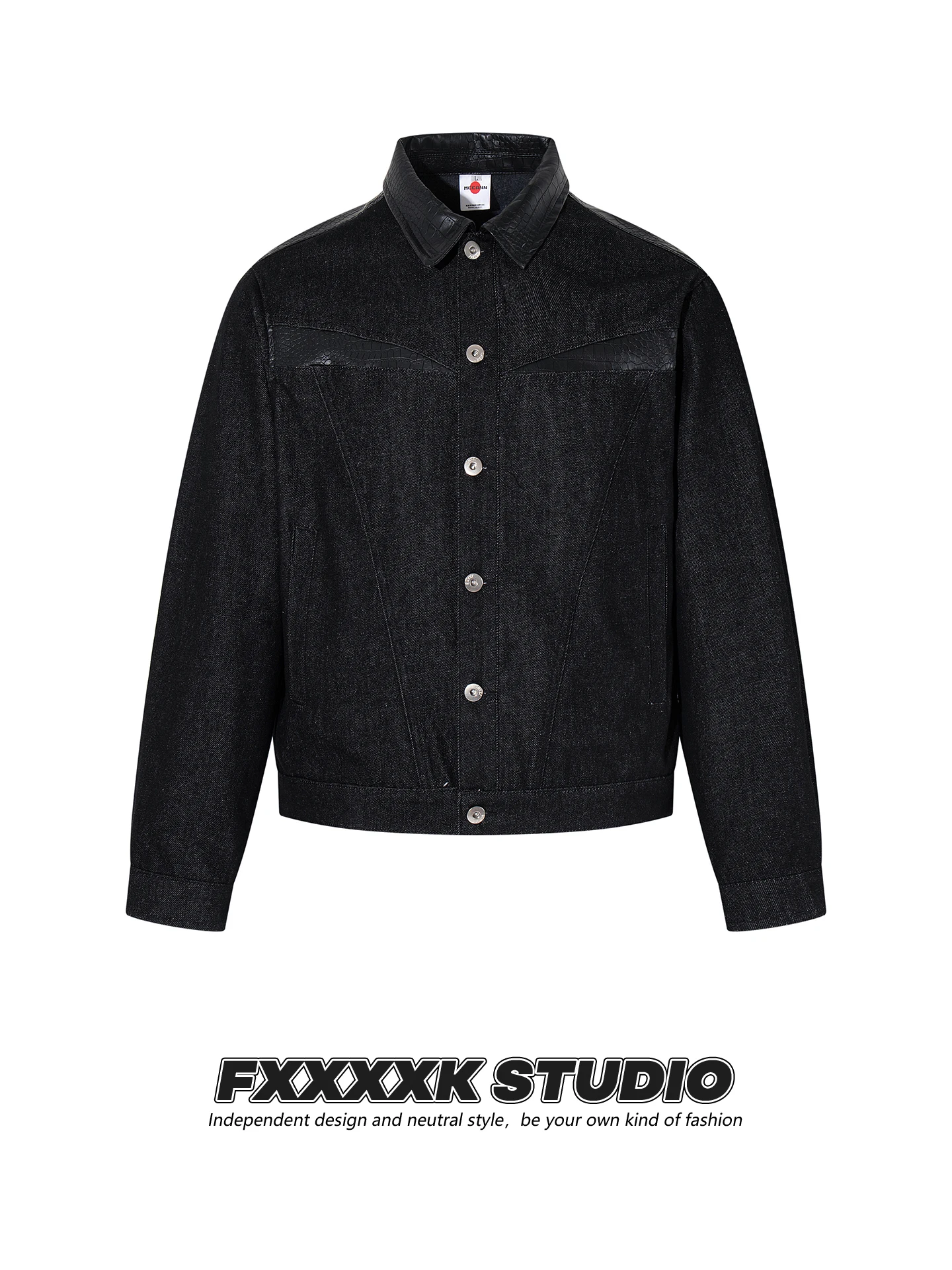 

FXK Original Men's PU Leather Patchwork Waed Vintage Denim Jaet Spring High Street American Trendy Brand Loose Fit Cotton