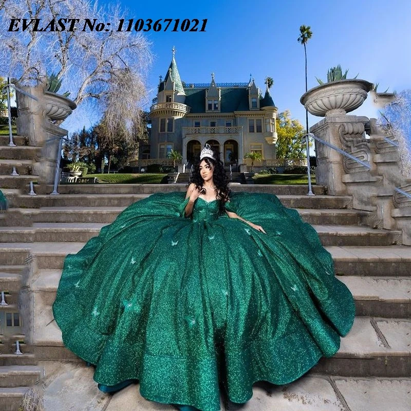 EVLAST Mexican Emerald Green Quinceanera Dress Ball Gown Butterfly Applique Beading Corset Sweet 16 Vestidos De XV 15 Anos SQ33