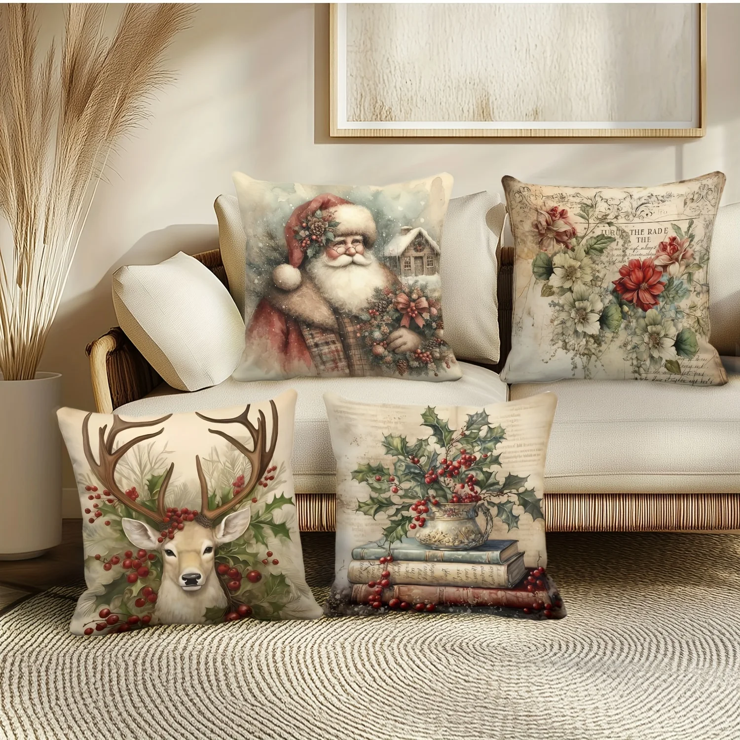 

Hot Selling Set of 4 Retro Style Christmas Themed Pillow Covers - 18x18 Inches, Blend, Hand Washable, Zipper Closure