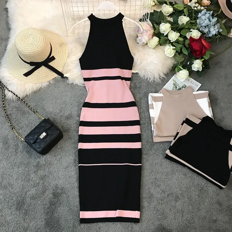 2024 summer women\'s hanging neck knit long dress round neck stripes hit color waist slim slim ming knit long dress office lady