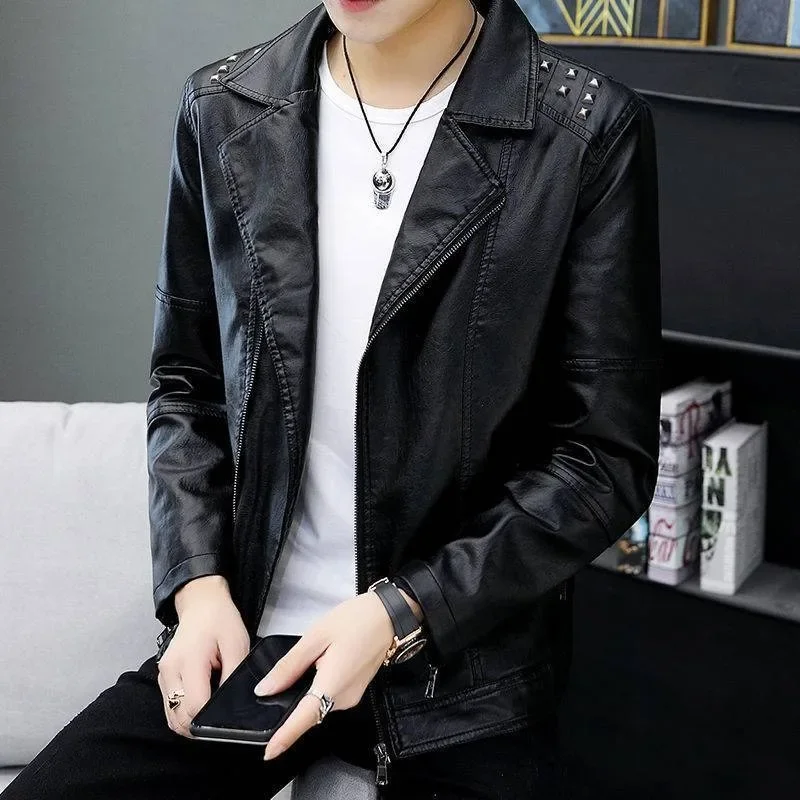 

Coat Men Autumn Winter New Men Fashion Lapel Casual PU Leather Loose Large Size Fleece-Lined Slim Fit Biker Leather Jacket