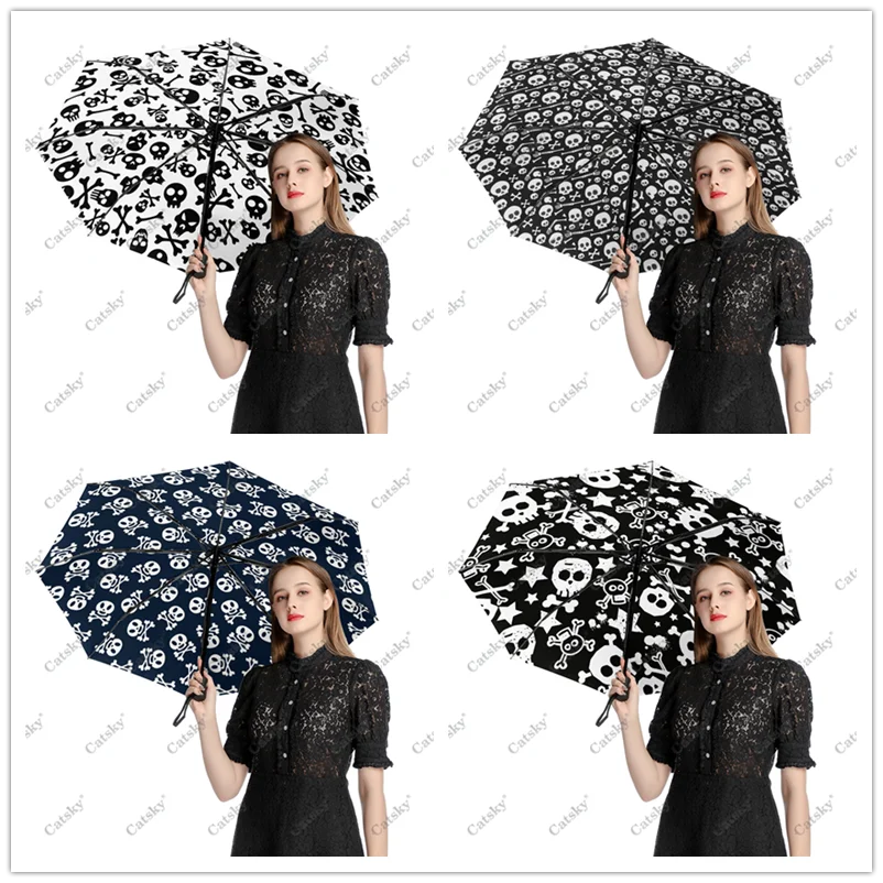 Bones and Skulls Pattern Wo Folding Umbrella Windproof Sunscreen  UV Protection Fashion Portable Gift Travel Outdoor Umbrellas