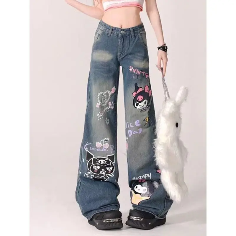 Sanrio Kuromi Cartoon Graffiti Jeans Women High Waist Print Design Pants Y2k Fashion Straight Loose American High Street Trouser