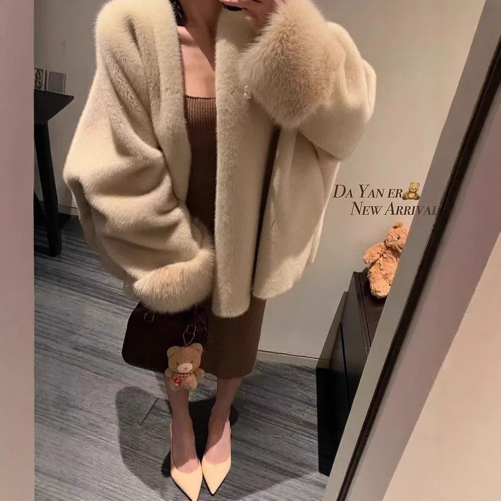 2026 Imported Velvet Mink Fur Coat With Mink Fur Collar,Temperament Medium Length Fur Jacket Women