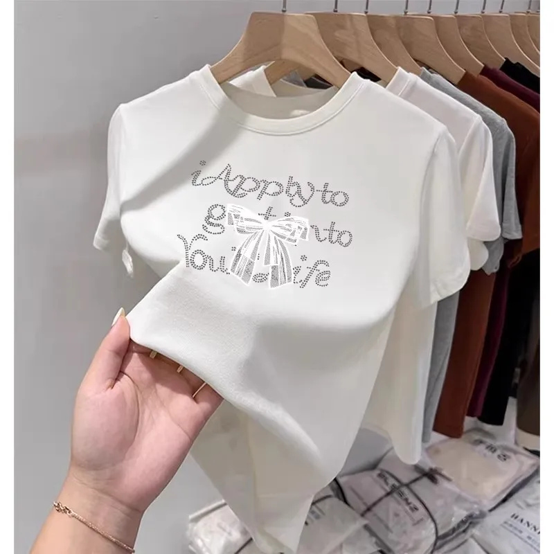 Hot Fix Rhinestone Letter Short Sleeve T-shirt for Women 2026 Summer New Korean Style Tops Bow Print Loose Pullover Pink Tees