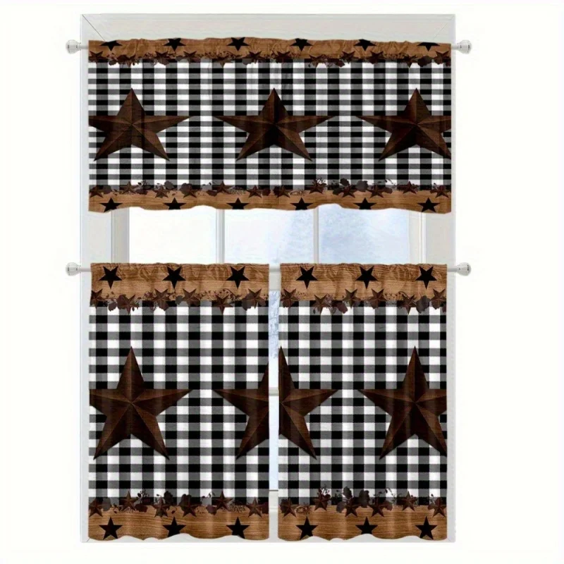 

VIKAMA 3pcs Buffalo Plaid Kitchen Curtain Brown Stars Print, Black Gingham Tier Curtains Set for Farmhouse Window Bathroom Decor