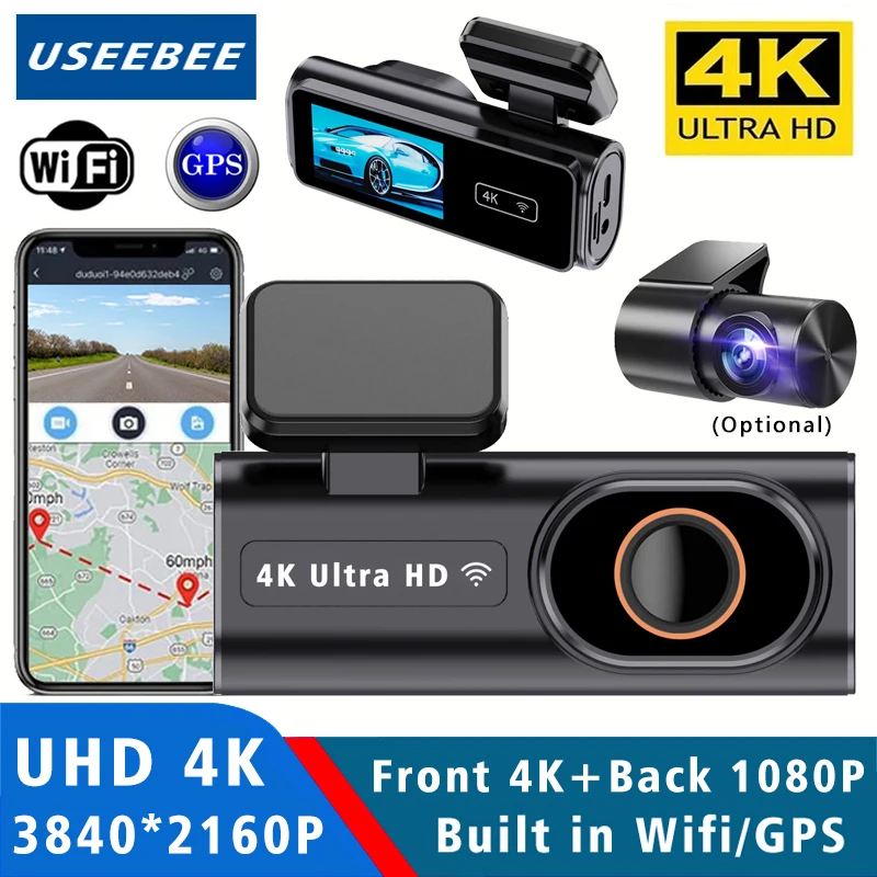 

Dash Cam WIFI GPS Mini CAR DVR Front 4K 2160P And Rear 1080P Dual Lens Black Box Room Camera Night Vision 24H Parking Monitor