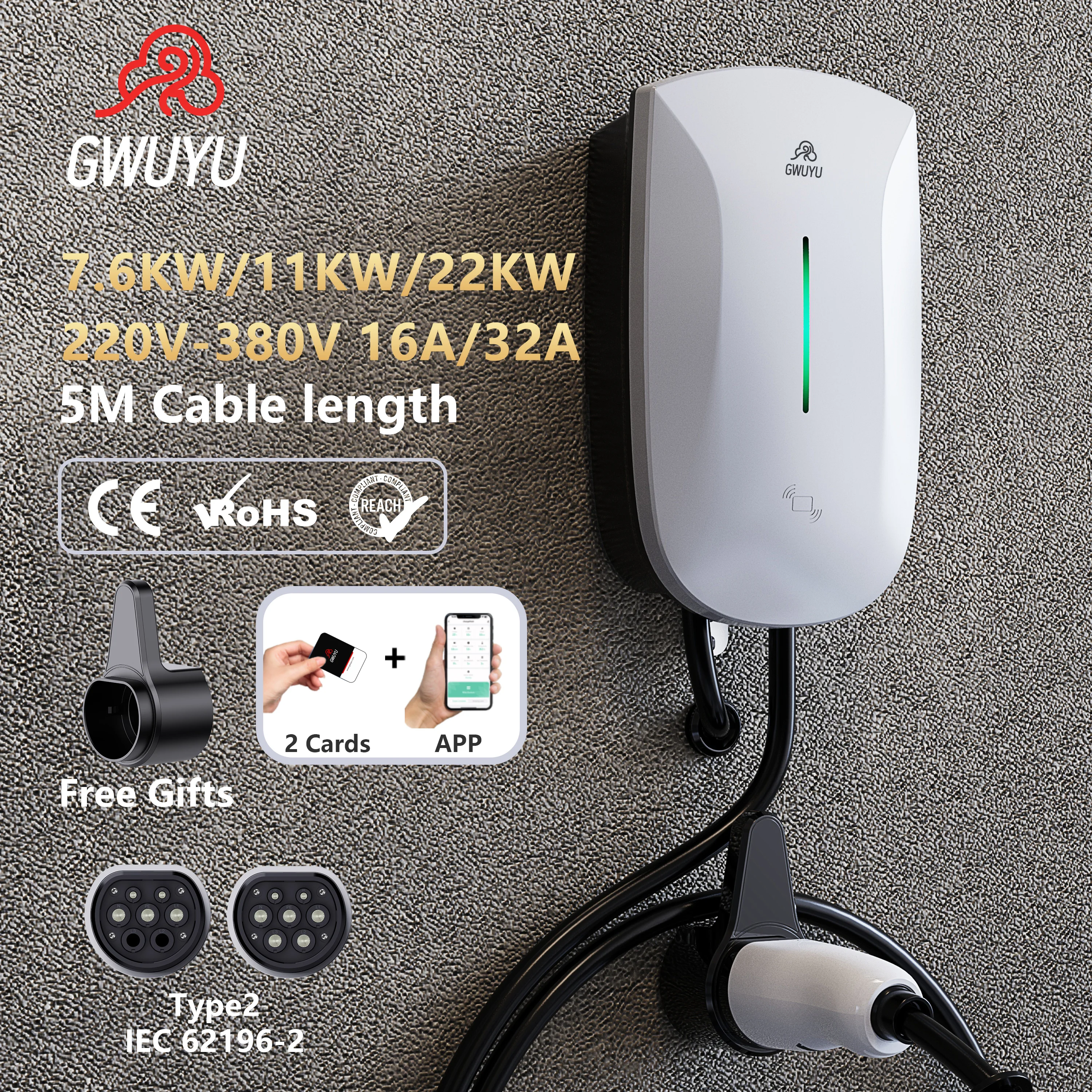 GWUYU JZ30 EV 충전기 스테이션, 타입 Type 2, 22KW, 11KW, 32A, 3 상 앱, 와이파이 RFID 카드, 5M 월박스, 전기 자동차 고속 충전기, 220V