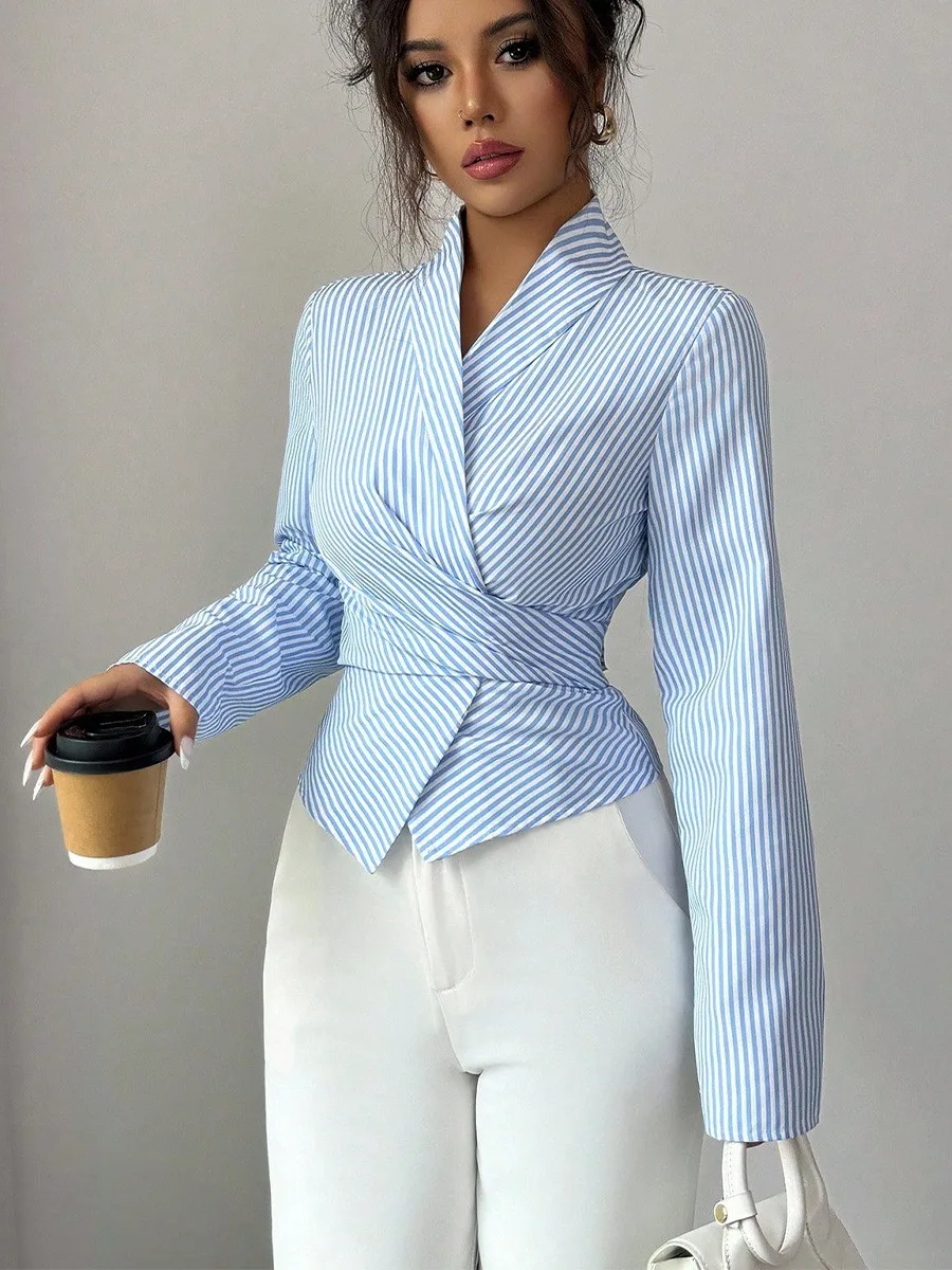 

Autumn Women's Clothing Striped Long Sleeve Button Shirt Tie Elegant Blouse For Slim Fit Polyester Four Way Stretch