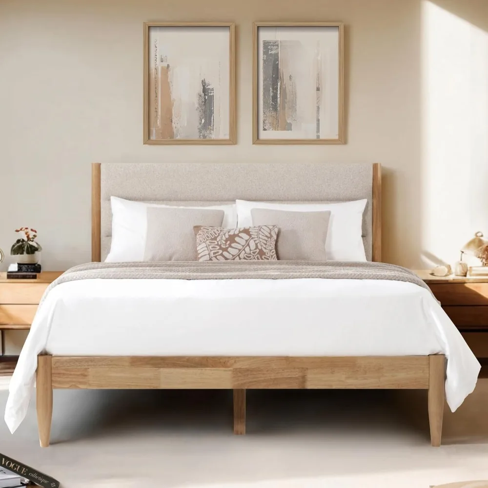 

Upholstered Headboard Wood Bed Frame with Platform and Silent Slat Support - No Box Spring Needed
